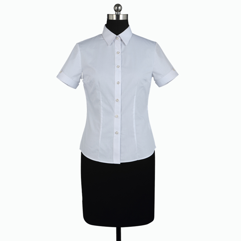 重庆女短袖正规领白色竖条纹衬衫