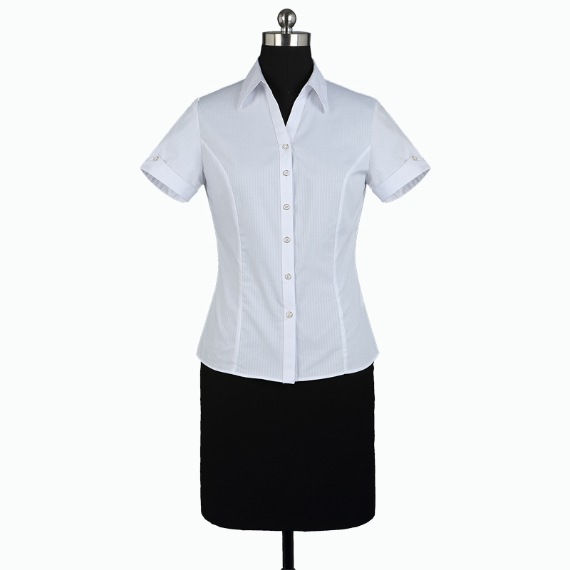 重庆女短袖V领白色竖条纹衬衫